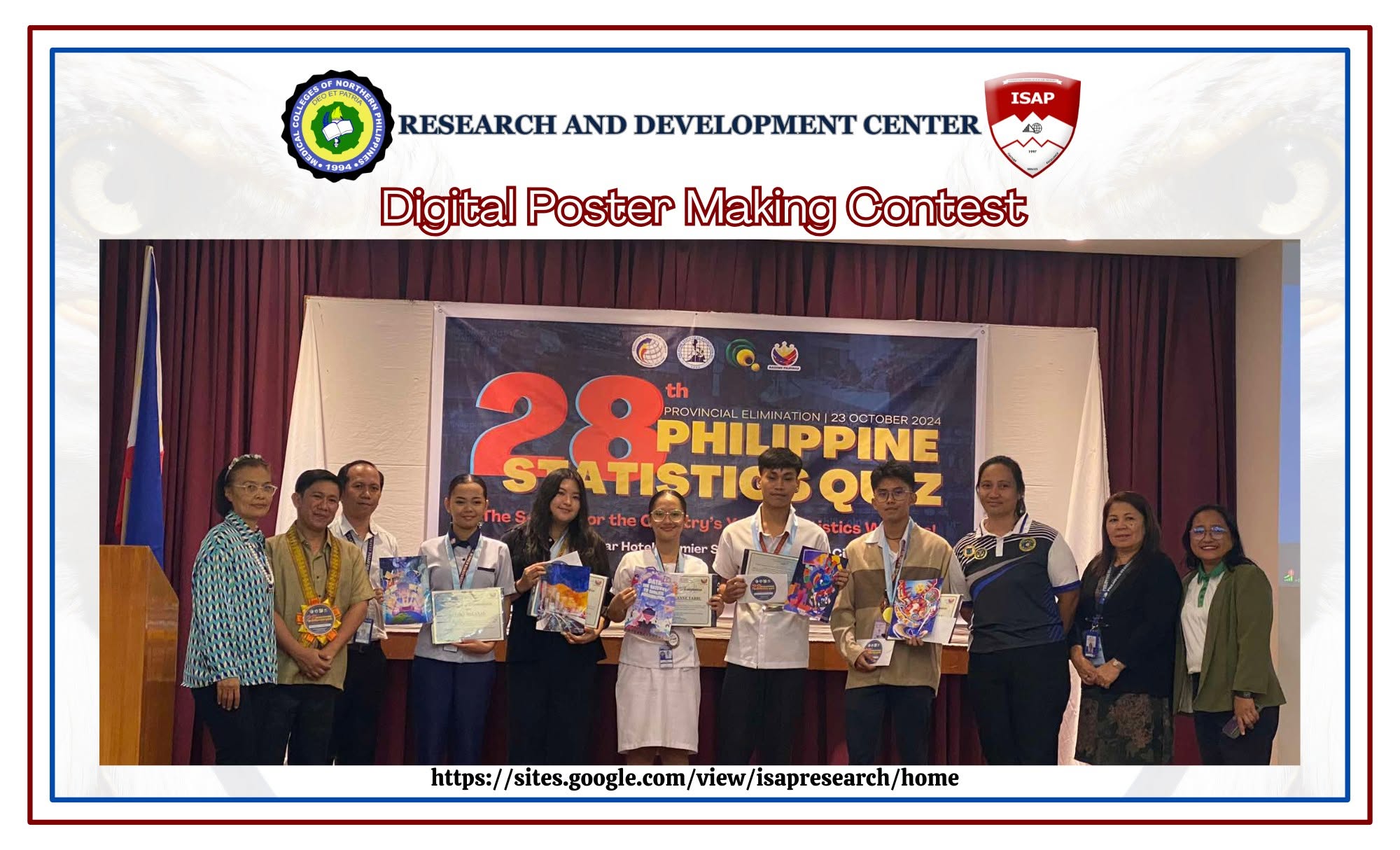 Digital Poster Making Contest award ceremony on stage with student winners and coaches